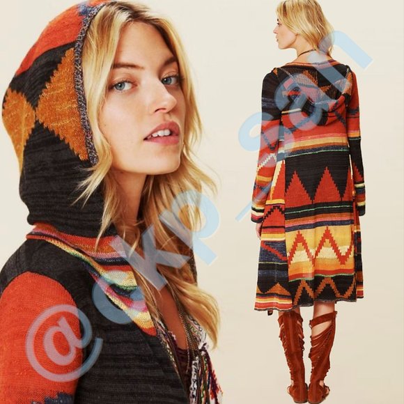 Free People Long Pattern Hooded Cardi Size M - Picture 2 of 12